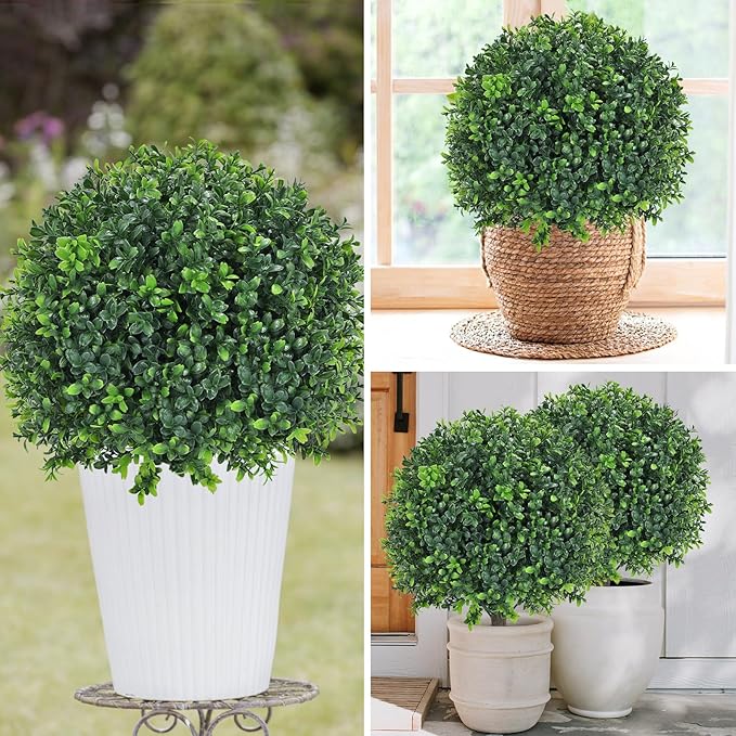 Artificial Boxwood Topiary Ball Tree 24" with Ground Spike, Set of 2 Artificial Boxwood Bushes for Faux Shrubs, Fake Evergreen Faux Plant for Indoor Outdoor Porch Garden- UV Resistant – Fade-Proof-VerdiqueGarden