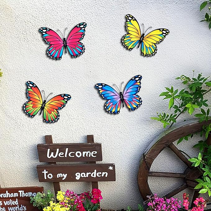 Oraytteo Metal Butterfly Wall Outdoor Decor - 4pcs 9.8inch Hanging Butterflies Wall Art Sculptures for Indoor and Outdoor Fence Patio Yard Home Wall Decorations, Gift for Mom Dad Friends-VerdiqueGarden
