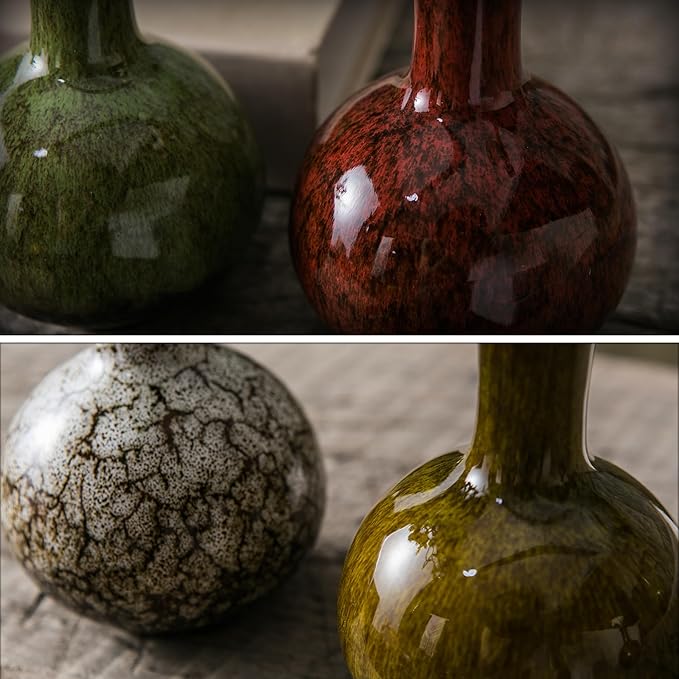 JOJUNO Glazed Rustic Bud Vase Set of 4 - Small Ceramic Mini Pottery Vases in White, Yellow, Green, Red - Ideal for Fresh & Dried Flowers - Modern Farmhouse Décor for Living Room, Shelves, Dining Table-VerdiqueGarden
