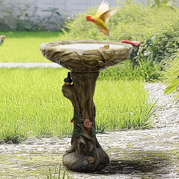 SKYFIRE 25.5” H Concrete Birdbaths for Outdoors -Large Woodland Tree Trunk Yard Statue Decoration，Vintage Birdbath with Bird Figurines Yard Statue for Garden, Patio, Lawn, Backyard-VerdiqueGarden