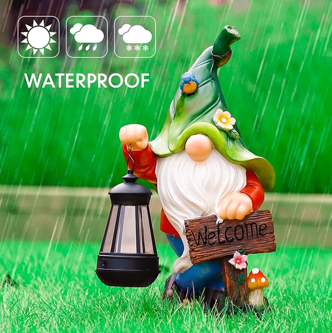Garden Gnome Statue, Resin Figurine with Bright Solar Lantern Lights and Welcome Sign, Outdoor Solar-Powered Illumination Yard Art Decorations for Indoor Outdoor Patio Lawn Garden Room-VerdiqueGarden