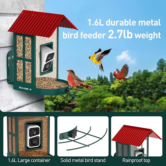 SOLIOM Solar Bird Feeder with Camera for Outdoors - AI Smart Birdhouse, 2K Live View & Instant Alerts, Squirrel Proof - Perfect Bird Watching Gift (Red)-VerdiqueGarden