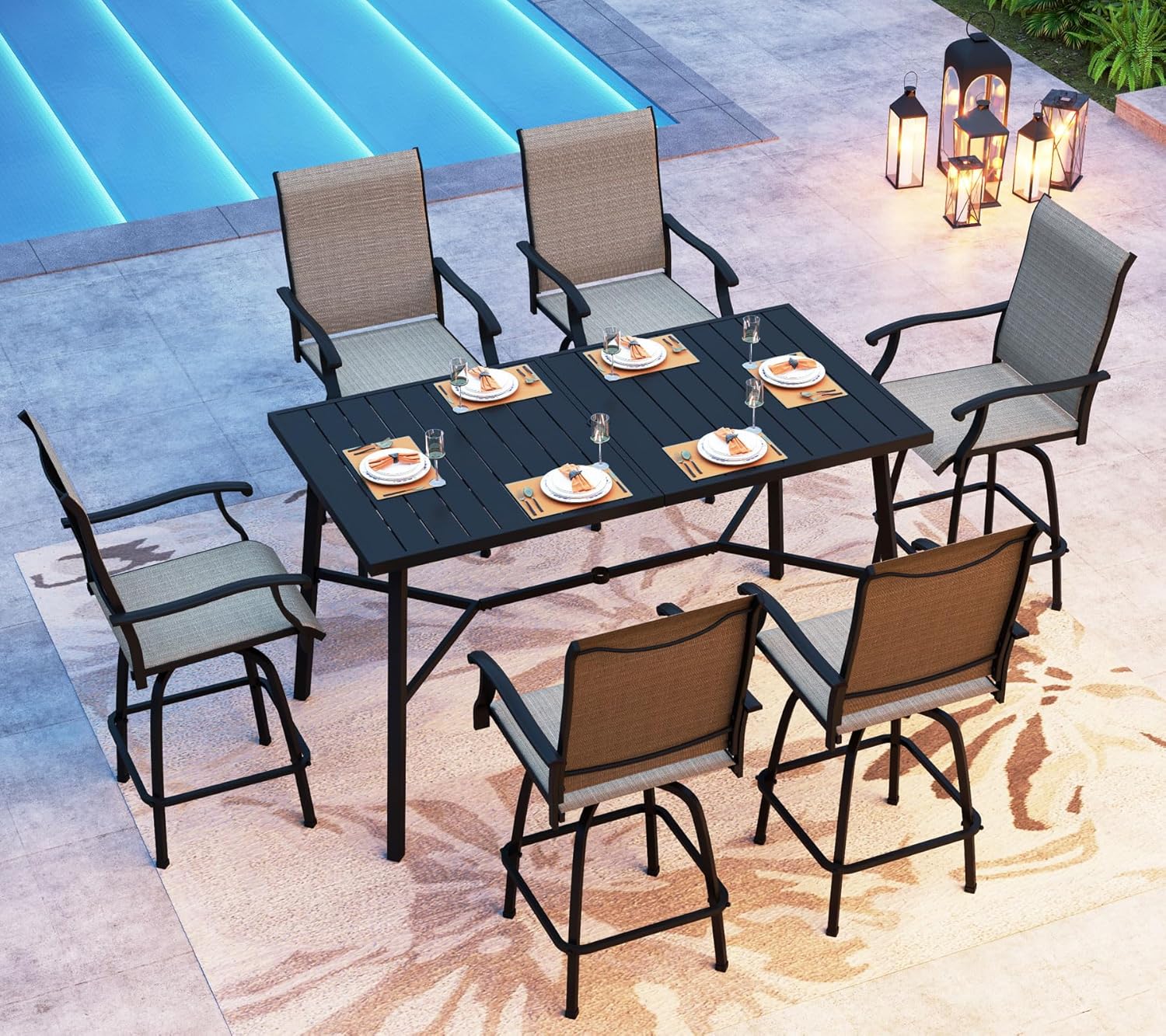 PHI VILLA Outoor Swivel Bar Stools Set of 6 with Armrest and Backrest, 30" Seat Height High Top Bar Height Patio Chairs, Brown Textilene Fabric-VerdiqueGarden