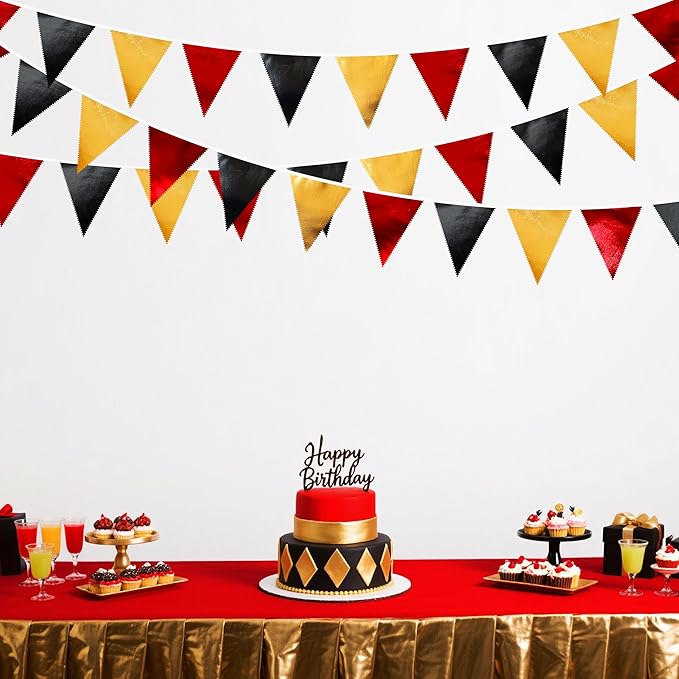 Red Black Gold Party Decorations Metallic Fabric Triangle Pennant Banner Flag Bunting Garland for Graduation Birthday Anniversary Pirate Poker Casino Las Vegas Christmas Holiday Party Supplies-VerdiqueGarden