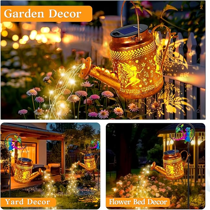 Solar Lanterns Outdoor Waterproof,Metal Watering Can Garden Decor,Fairy Hanging Solar Path Lights Yard Art,Outside Patio Decorations Gardening Birthday Gifts for Mom Grandma Women（with Shepherd Hook）-VerdiqueGarden
