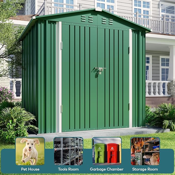 Gizoon Outdoor Storage Shed 6 x 4 FT, Galvanized Metal Garden Shed with Double Lockable Doors, Outdoor Storage Clearance for Backyard Patio Lawn-Green-VerdiqueGarden
