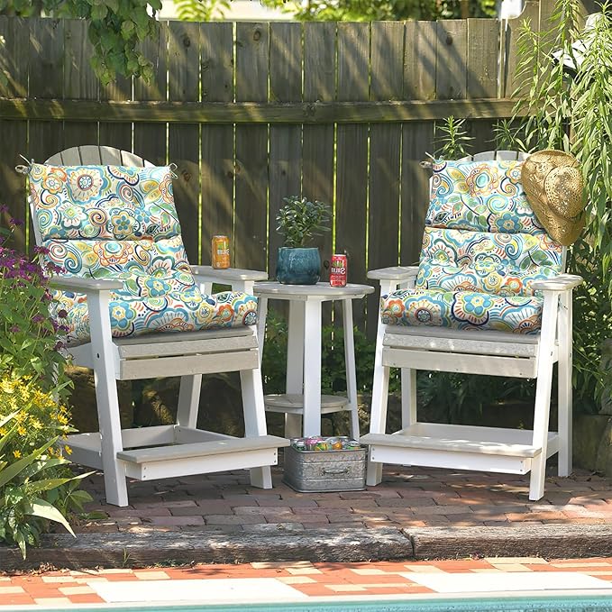 LVTXIII Outdoor Seat/Back Chair Cushion Patio Tufted High Back Cushion, Seasonal Replacement Rocking Chair Cushion with Ties (22” W x 20D”, Set of 2, Flower Blue)-VerdiqueGarden