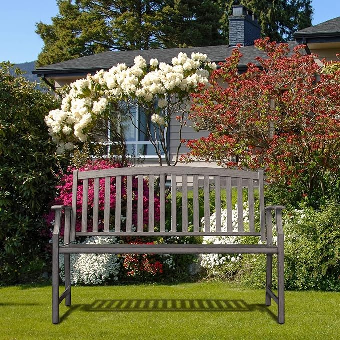 Grand patio 52" Farmhouse Outdoor Bench, Garden Benches with Rust Free Metal Powder Coated Frame and Aluminum Backrest, Faux Wood Grain Finish Frame Patio Bench for Front Porch, Weathered Grey-VerdiqueGarden