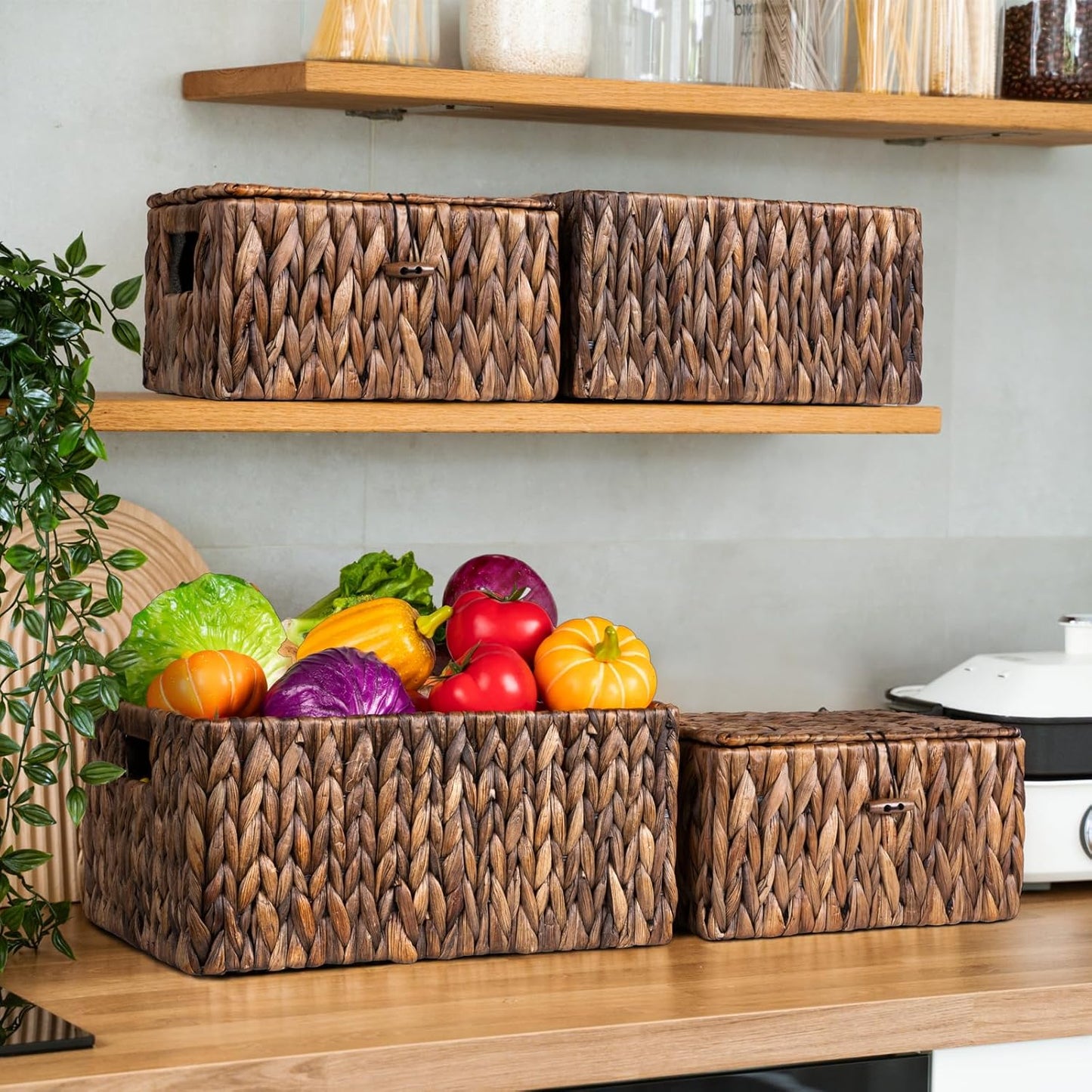 FairyHaus Wicker Basket with Handle 2Pack-15x11x7" & 13.4x9.5x6.5", Brown Water Hyacinth Wicker Baskets for Storage, Natural Hand Woven Baskets for Organizing-VerdiqueGarden