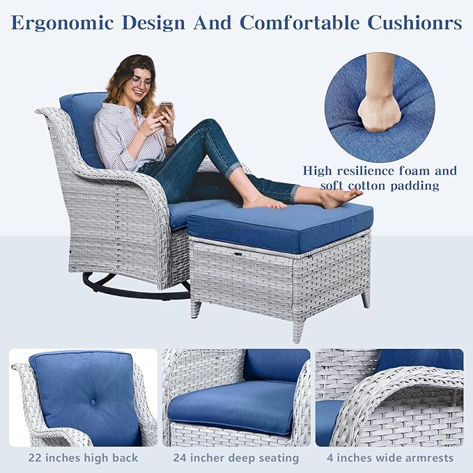4 Pieces Patio Furniture Sets, Wicker Patio Swivel Glider Chair with Ottomans, Outdoor Furniture Set for Outside Porch Deck Balcony, Light Grey-VerdiqueGarden