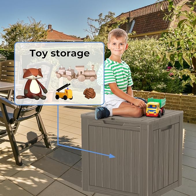 30 Gallon Waterproof Deck Boxes for Outdoor - Compact Resin Patio Storage Boxes, Pool Storage Bin with Lock for Cushions & Tools, UV-Resistant, Slate Grey-VerdiqueGarden