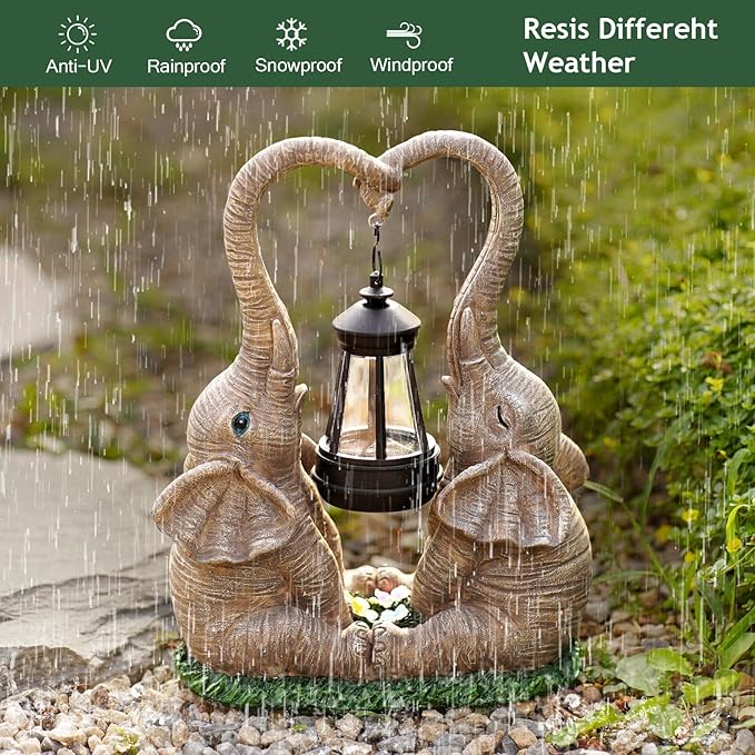 Elephant Statue Easter Garden Decor with LED Solar Lights-Set of 2 Good Luck Elephant Outdoor Statue Christmas Decorations for Yard Patio,Porch,Home -Mothers Day Gifts for Women, Mom, Grandma-VerdiqueGarden