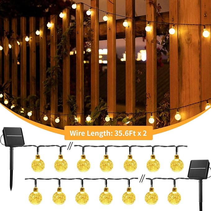 Solar String Lights Outdoor Waterproof, 2 Pack 60 LED 36.5 FT Each, Crystal Globe Lights with 8 Lighting Modes, Solar Powered Patio Lights for Garden Yard Porch Wedding Party Decor (Warm White)-VerdiqueGarden