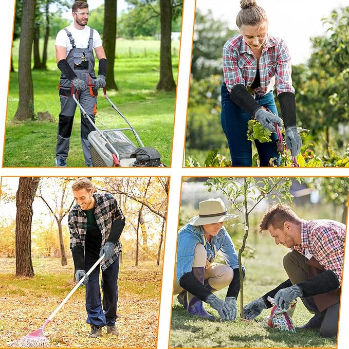 HANDLANDY Long Gardening Gloves for Men & Women, Cowhide Leather Rose Pruning Gloves, Breathable Thorn Proof Gauntlet Glove (Dark Grey-Black, L)-VerdiqueGarden