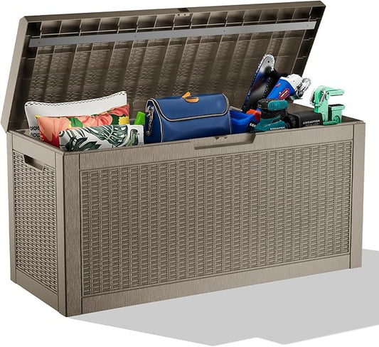 60 Gallon Resin Deck Box, Lockable Outdoor Storage Box for Patio Cushions Storage Furniture,Garden Tools, Pool Supplies, Weatherproof and UV Resistant (Grey Rattan)-VerdiqueGarden