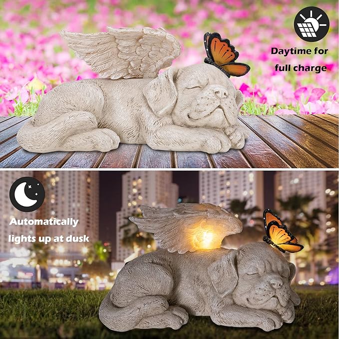 WONDER GARDEN Sleeping Dog Angel Statue with Solar Light - Pet Memorial Stone, in Memory of Dog, Marker Tribute Statues, Resin Guardian Angels, Bereavement Gift-VerdiqueGarden