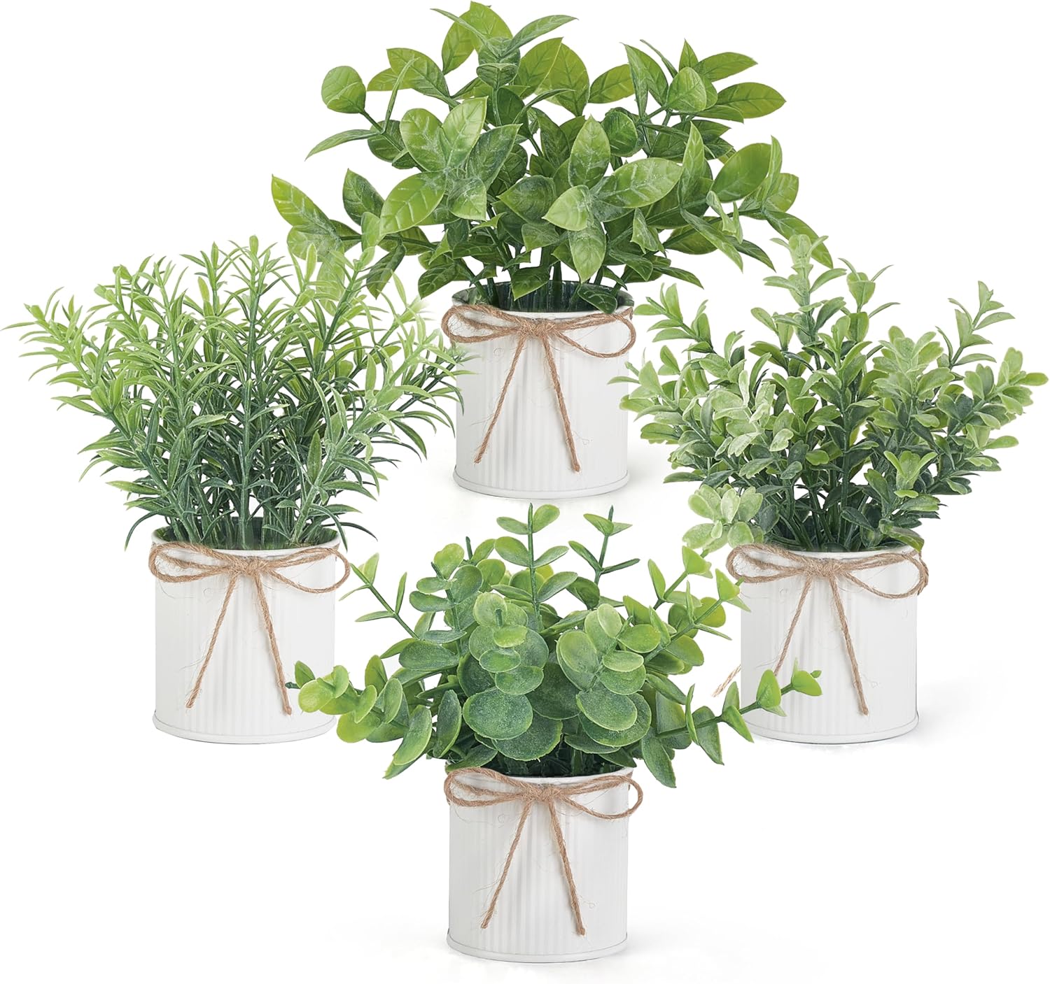 Mkono 4 Packs Small Fake Plants in Farmhouse Galvanized Pots Table Centerpiece Mini Potted Artificial Plants Faux Eucalyptus for Shelf Office Rustic Home Decor (White)-VerdiqueGarden