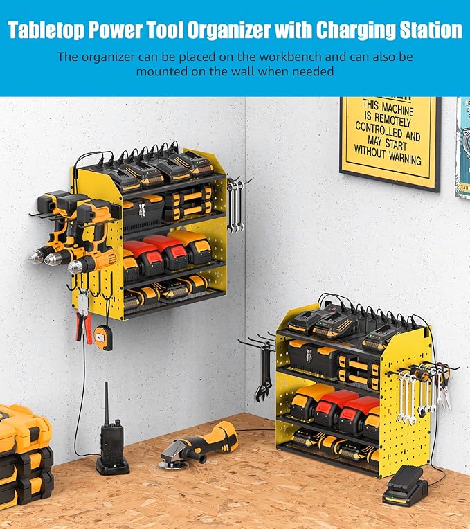 CCCEI Modular Desk Power Tools Organizer with Charging Station, 4 Layer Drills Battery Storage Wall Mount, Garage Shop Organization, Anniversary, Birthday, Gifts for Men, Father, Yellow, 6FT Cord.-VerdiqueGarden