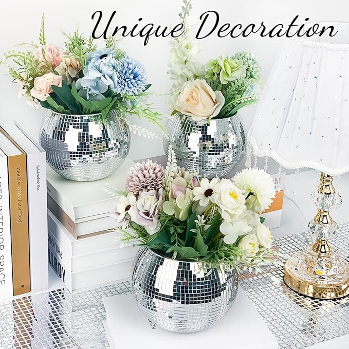 2 Pcs Disco Ball Vase, 5 x 6 Inch Mirrored Disco Ball Planters Perfect for Decorative Living Room, Bedroom, Dining Table, Wedding, Party, Birthday-VerdiqueGarden
