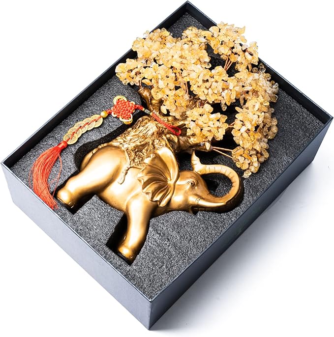 Citrine Crystal Money Tree on Gold Elephant Statue, 17”Large Gemstone Bonsai Tree of Life Home Décor Gifts for Wealth Positive Energy, Feng Shui Décor-VerdiqueGarden