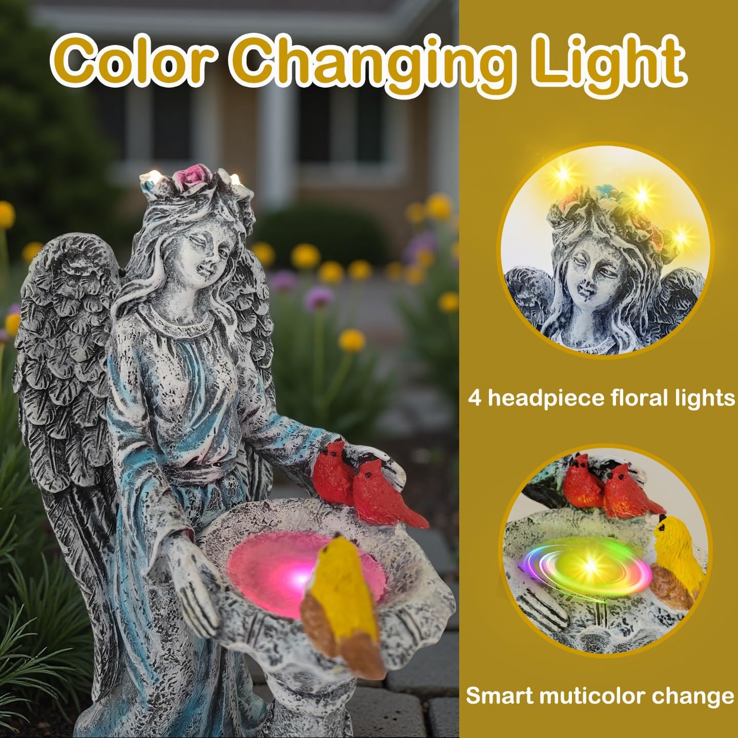 Mrocioa Solar Outdoor Garden Decor Angel Statue Light with Color Changing Birdbath, Waterproof Led Home Decor Figurine Lights for Yard Patio Front Porch, Housewarming Gifts for Thanksgiving Christmas-VerdiqueGarden