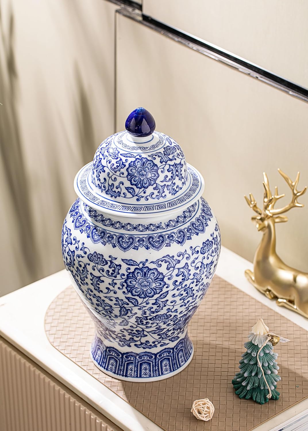 Blue and White Ginger Jar, Ceramic Chinoiserie Decorative Jars for Home, Office, Flower Vase Pocelain, Glossy Vase for Table, Living Room, Bookshelf, Mantle Fireplace, Centerpieces,15" H-VerdiqueGarden