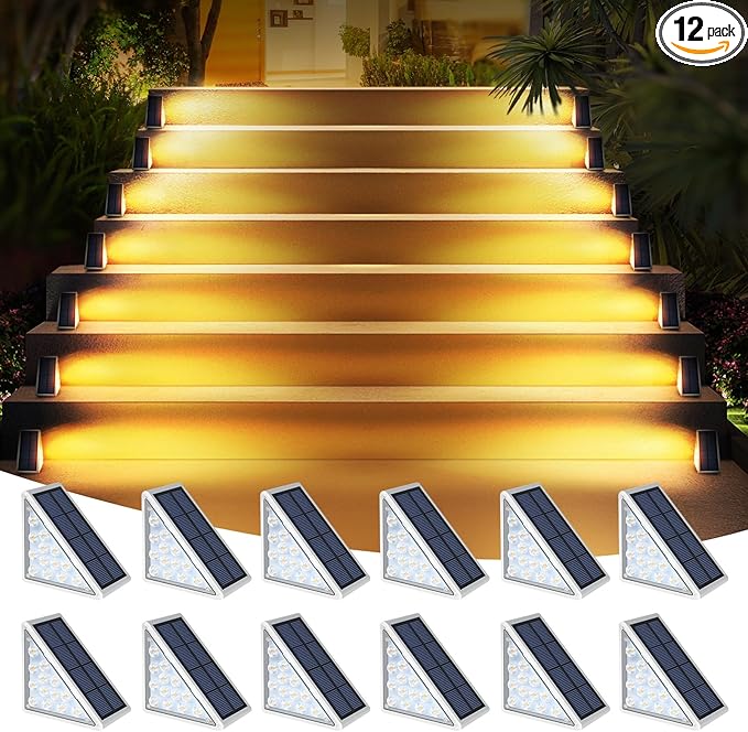 LED Solar Step Lights Waterproof Outdoor Stair Lights, Warm White Solar Deck Lights IP67 Solar Decoration Lights for Yard, Patio, Garden, Walkways, Front Door, Pathway, Driveway, Porch 12 Pack-VerdiqueGarden