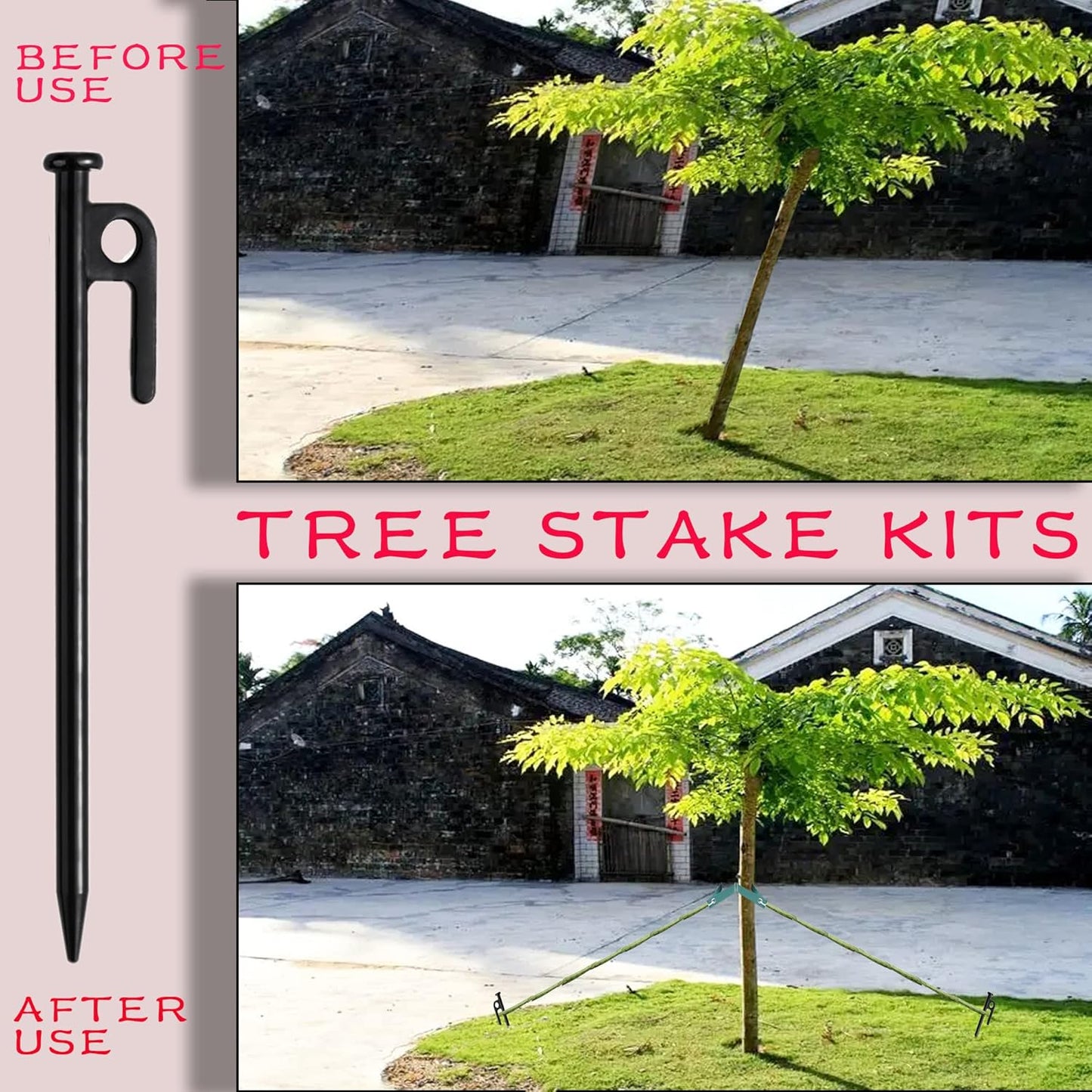 Tree Stake Kits, Tree Stakes and Supports Kits for Hurricane Protection & Bad Weather, Include 4 PCS 11.8" Heavy Duty Steel Tree Stakes, 4 PCS 15.8" Tree Straps and 4PCS 16.4FT Rope-VerdiqueGarden