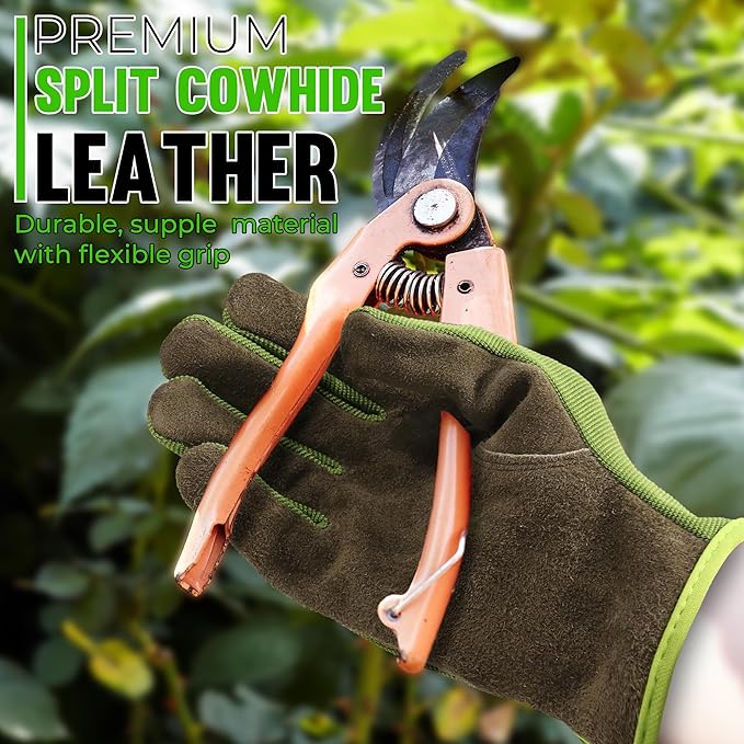 HANDLANDY Leather Work Gloves for Men & Women, Reinforced Durable Garden Gloves, Cowhide Working Glove for Gardening-VerdiqueGarden