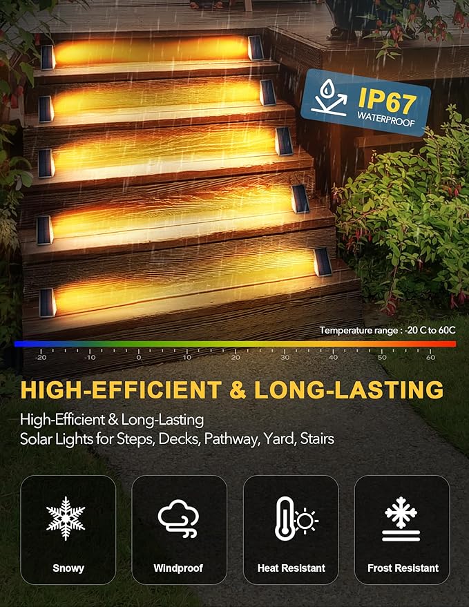 LED Solar Step Lights Waterproof Outdoor Stair Lights, Warm White Solar Deck Lights IP67 Solar Decoration Lights for Yard, Patio, Garden, Walkways, Front Door, Pathway, Driveway, Porch 12 Pack-VerdiqueGarden