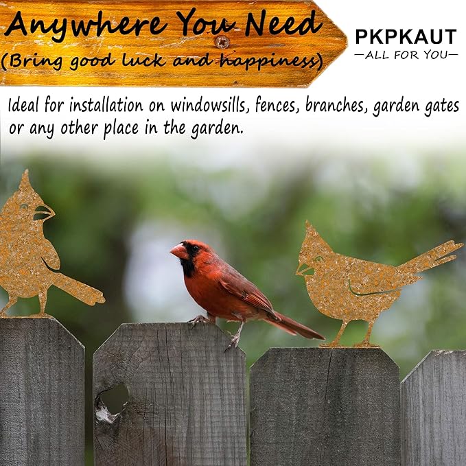 5Pcs Metal Birds Cardinal Craft Statue Ornaments Fence Topper Decor, Rusty Birds Metal Art for Fence Decorations Outdoor, Metal Bird Silhouette with Rusty Yard Art-VerdiqueGarden