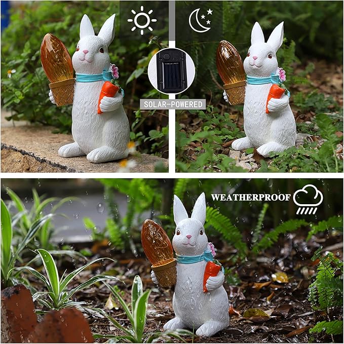Garden Statues Rabbit with Solar Lights-Easter Bunny Outdoor Decor for Lawn,Balcony-Yard Garden&Patio Decor-Unique Gift for Mom Grandma,Unique Housewarming Gifts and Rabbit Yard Decoration-VerdiqueGarden
