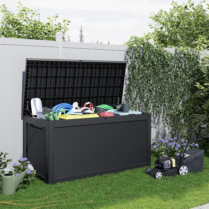 260 Gallon Resin Deck Box, Lockable Patio Outdoor Storage Box for Furniture, Garden Tools and Tools Storage, Waterproof Outside Storage Boxes - Black-VerdiqueGarden