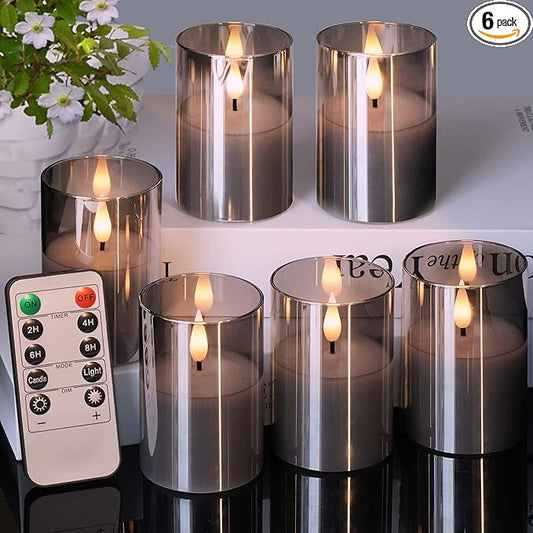 6Pack Glass Flickering Flameless Candles with Remote, 2"X3" Real Wax Votive Candles Battery Operated, Small Electric LED Candles for Wedding Home Decor, w/4 Timers+2 Lighting Modes [Gray]-VerdiqueGarden
