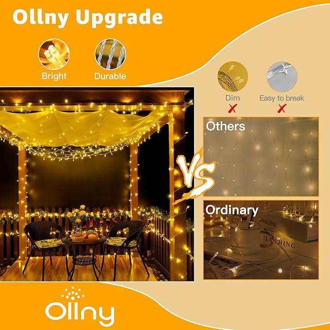 Ollny 120LED 40FT String Lights, Waterproof Connectable Fairy Lights with Timer 8 Modes, Warm White Plug in Christmas Light for Indoor Outdoor Patio Party Bedroom Classroom Decor-VerdiqueGarden