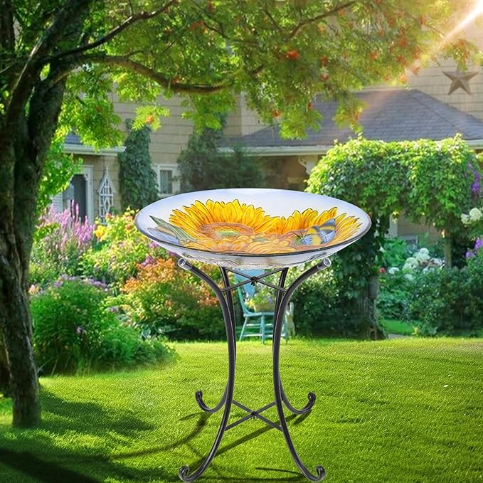 VCUTEKA Bird Baths for Outdoors, Glass Bird Bath with Metal Standing for Garden, Yards Patio Décor, Bird Lovers Gift, Sunflower Glass Birdbath Detachable (22" H * 18" W)-VerdiqueGarden