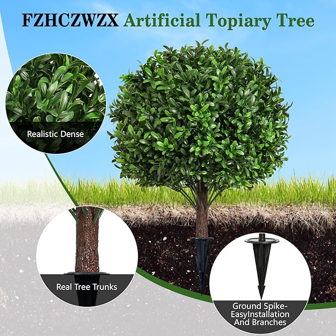 Artificial Olive Leaf Boxwood Topiary Ball Trees, Set of 2 UV Resistant 16in Outdoor Plants – Artificial Bonsai, Miniature Trees, Garden, Curb Appeal-VerdiqueGarden