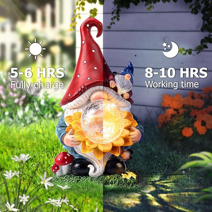 Solar Garden Decor Gnome Statues with Sunflower and Crackle Glass Globe Lights Gnome Outdoor Decorations for Garden Yard Patio Lawn, Unique Housewarming Gifts-VerdiqueGarden