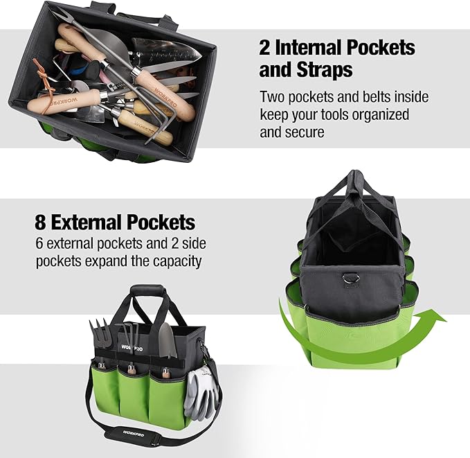 WORKPRO Garden Tool Bag Organizer, Heavy Duty Gardening Tote Bag with 10 Pockets and Long Adjustable Shoulder Strap, Standable Garden Home Tool Kits Organizer, Green-VerdiqueGarden