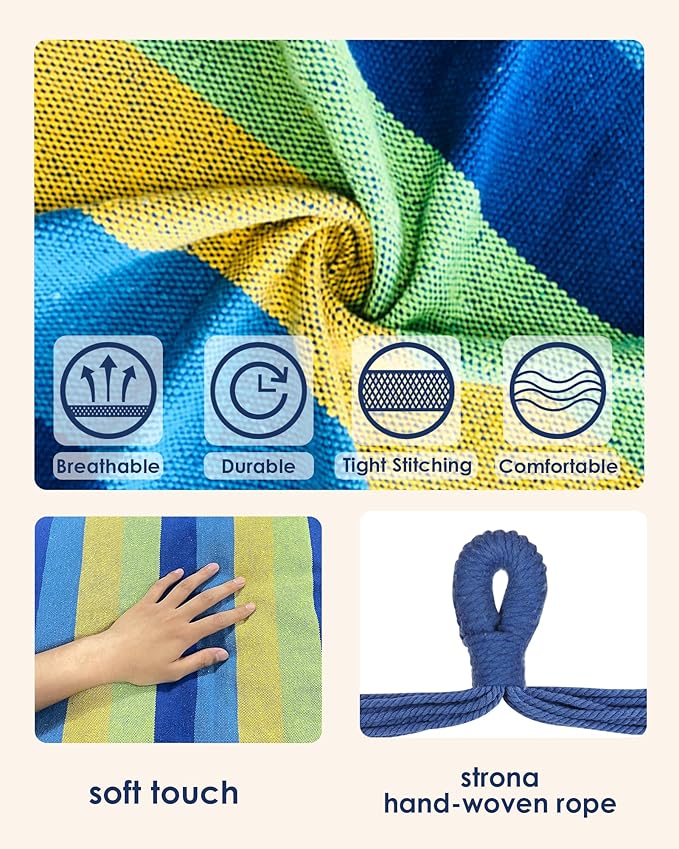 Highwild Hammock Chair Hanging Rope Swing - Max 500 Lbs - 2 Cushions Included - Steel Spreader Bar with Anti-Slip Rings - for Any Indoor or Outdoor Spaces (Blue Striped)-VerdiqueGarden