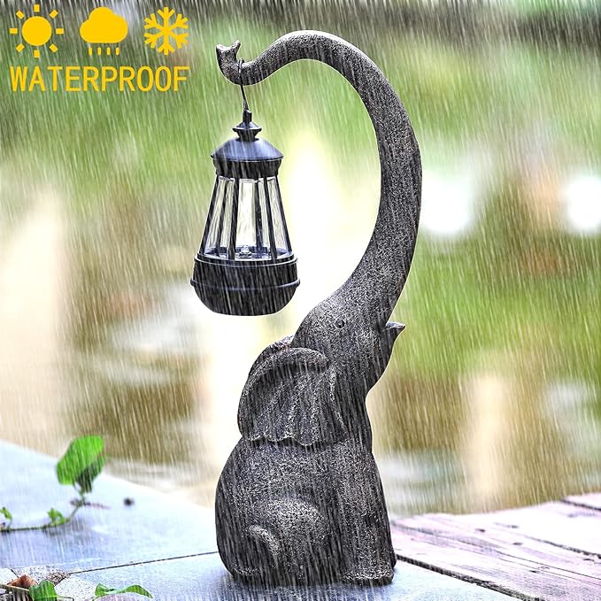 15" Outdoor Sculpture Figurine Statue Elephant Decorations Solar Garden Statues for Patio Home Yard Decor Good Luck Garden Elephant Birthday Gifts for Woman, Mom Family-VerdiqueGarden