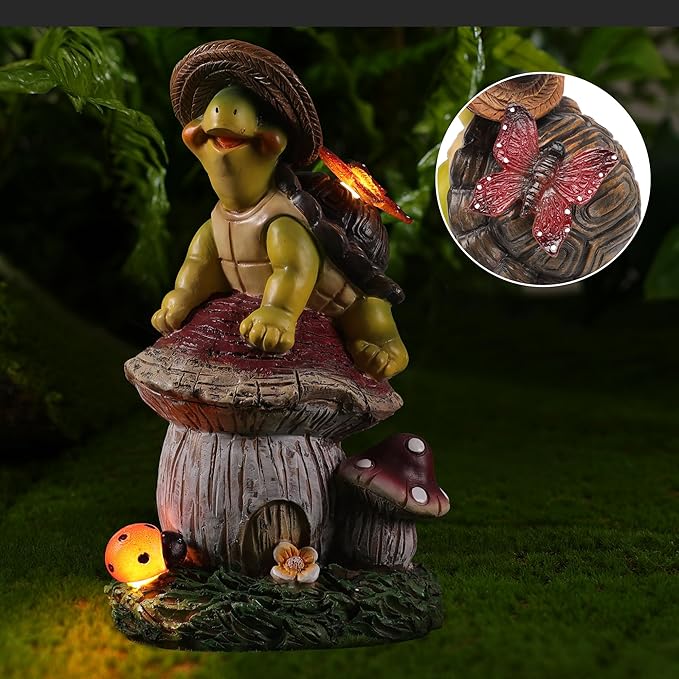 Turtle Figurine Garden Decor, Solar Turtle Outdoor Statue, Funny Turtle Gift Sculpture Decoration for Home Patio Yard Lawn Porch Ornament-VerdiqueGarden