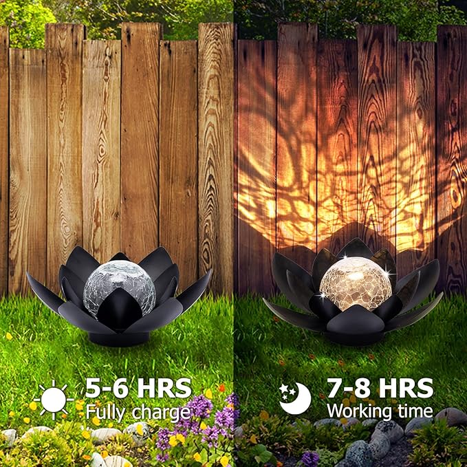 Huaxu Solar Lights Outdoor Garden Decor Metal Black Lotus Decoration, Crackle Globe Glass Waterproof LED Outside Table Lamp for Patio,Lawn, Yard,Walkway,Tabletop,Ground Gifts for Mom-VerdiqueGarden