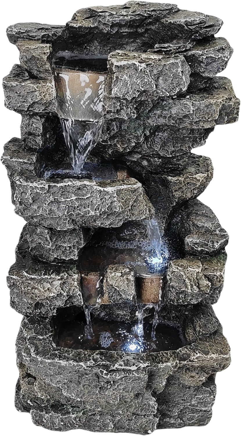 Tabletop Rock Waterfall Fountain with Led Lights - Indoor Decorative Desk Water Fountain, Multi-Tier Design, Quiet and Soothing, 6.29" l x 4.33" w x 11.02" h-VerdiqueGarden