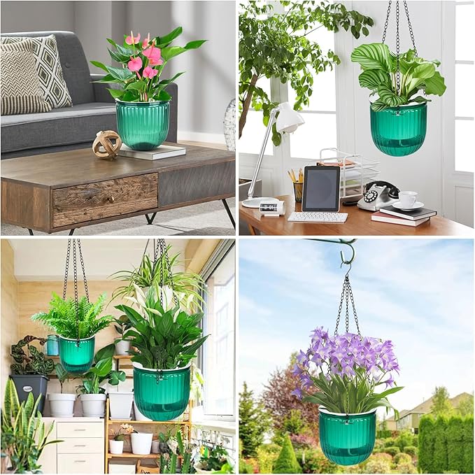 4Pcs Self Watering Hanging Planters, 6.5'' 4.5'' Hanging Flower Pots, Plastic Hanging Plant Basket with Drainage Holes, Visible Hanging Planters for Indoor Plants Garden Home(Emerald)-VerdiqueGarden