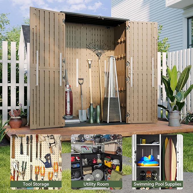 Aoxun Outdoor Storage Shed, 64 Cu.Ft Vertical Storage Sheds Outdoor with Floor, Outdoor Waterproof Storage Cabinet for Garage Storage, Pool Storage, Bike Shed, Garden Shed (Brown)-VerdiqueGarden