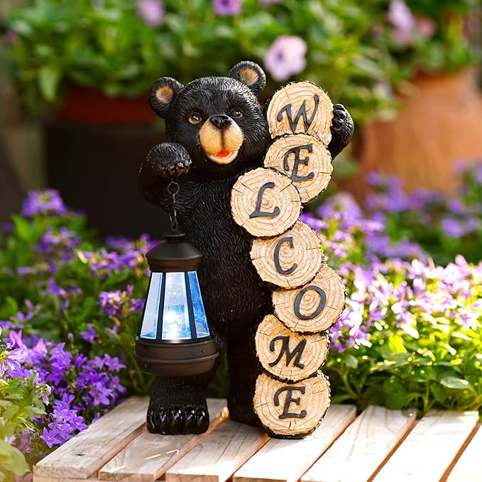 Garden Decor Solar Statues: Mothers Day Gifts for Mom Grandma Birthdays for Women Sister Wife Lady - Front Patio Balcony Yard Art Lawn Ornaments Porch Outdoor Outside Decorations (Bear)-VerdiqueGarden