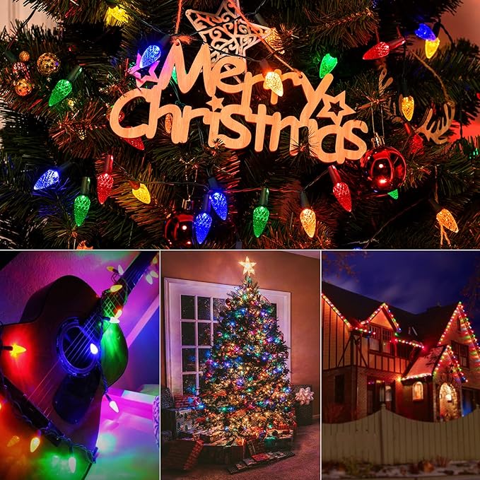 C6 LED Christmas String Lights - 2 Pack 20ft 60LED Battery Operated Strawberry String Lights with Timer and 8 Light Modes for Christmas Trees, Wreaths, Indoor Outdoor Xmas Decor, Multicolor-VerdiqueGarden