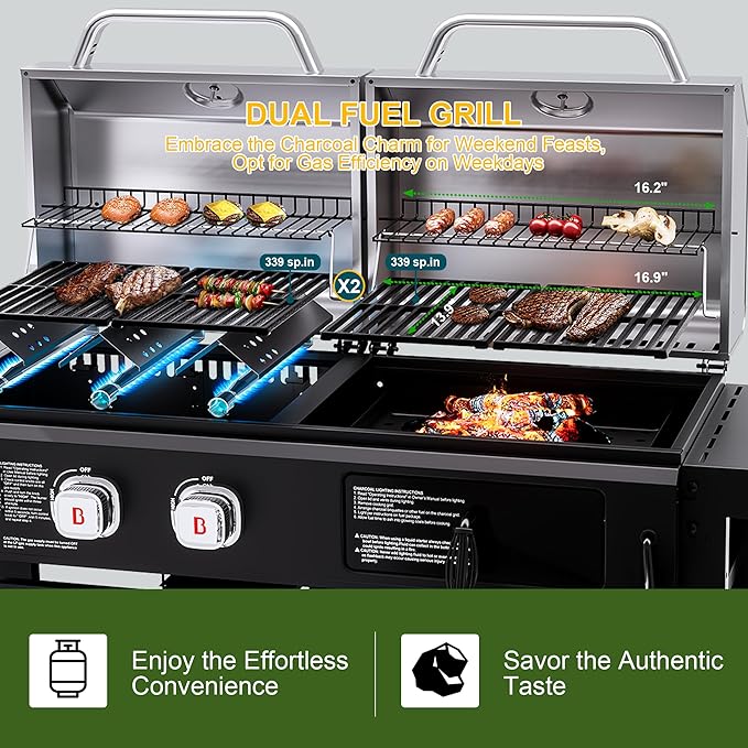 Brand-Man Propane Gas and Charcoal Grill Combo, Dual Fuel BBQ Combo Grill with Stainless Steel Dual Lids & 2 Side Shelves for Outdoor Kitchen & Backyard Barbecue Cooking-VerdiqueGarden