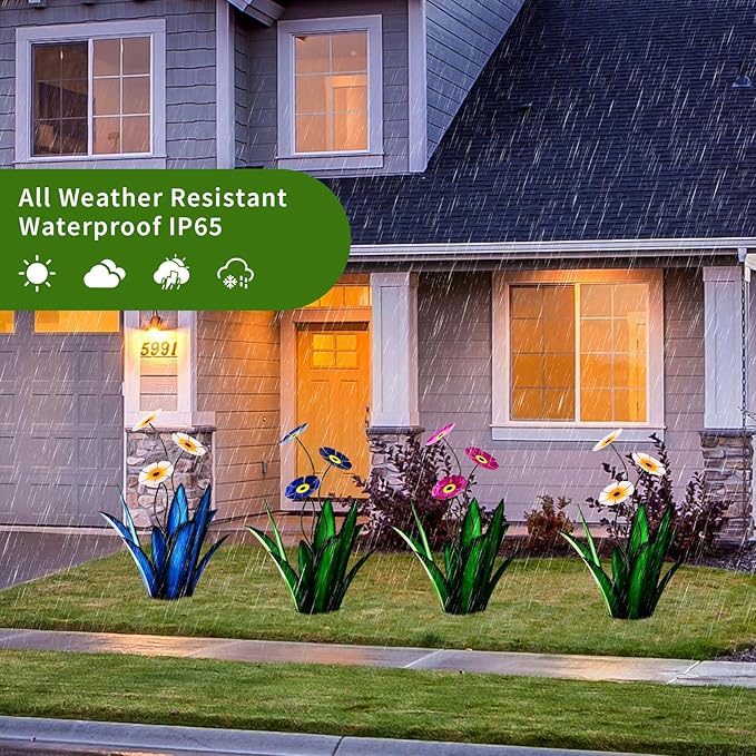 Upgraded Large Metal Yard Art, Agave Plant Yard Decorations Outdoor Sculpture, Flowers for Outside, Waterproof Outdoor Garden Decor (Blue + White Flower)-VerdiqueGarden